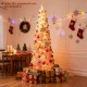 Snow-flocked 7 FT pink Christmas tree with warm white LED lights, perfect for holiday decoration in homes or cafes.