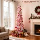 Hinged 7 FT snow-flocked pink Christmas tree with 392 branch tips, ideal for creating a festive atmosphere in any.