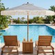 7 feet patio umbrella with blue stripes and fringe, featuring a sturdy aluminum pole, perfect for beachside relaxation.