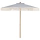 7 feet patio umbrella with blue stripes and boho tassel fringe, featuring a sturdy aluminum pole for beach shade.