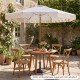 7 feet patio umbrella with boho tassels and fringe, showcasing its elegant wood-grain finish and lightweight aluminum.