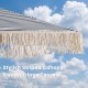 Stylish 7 feet patio umbrella with blue striped canopy and cotton fringe tassels, perfect for beach and outdoor use.