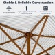 Underneath view of the 7 feet patio umbrella with blue stripes, featuring sturdy metal ribs and a lightweight aluminum.