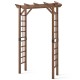 Wooden garden arch arbor in rustic brown, featuring trellises for climbing plants and a flat roof for decorations.