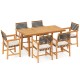 7-piece patio dining set featuring a rectangular acacia wood table and 6 armchairs with woven rope seats for outdoor.