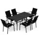 7-piece black patio dining set featuring a rectangular metal table and stackable breathable mesh armchairs for outdoor.