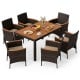 7-piece patio dining set featuring a wood tabletop, padded chairs, and ergonomic armrests, ideal for backyard.
