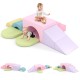Soft foam toddler climbing blocks set in pink, featuring a tunnel and slide, perfect for 1+ year old kids' playtime.