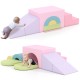 Soft foam toddler climbing blocks set in pink, featuring a tunnel and wedge for crawling and sliding fun.