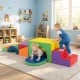 Colorful 7-piece soft foam toddler climbing blocks set for kids, featuring a tunnel and wedge for active play and.