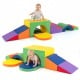 Colorful 7-piece soft foam toddler climbing blocks set with tunnel and wedge, perfect for 1+ year olds' active play.