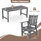 Dimensions of the 7-piece patio dining set, featuring a grey HDPE table and chair with a rustic wood-like surface.