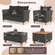 Dimensions of the 7-piece patio furniture set, featuring a loveseat, armchairs, storage tables, and ottomans.