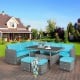 Turquoise cushion detail on a corner chair from a 7-piece patio rattan dining set, ideal for outdoor comfort.