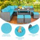 Turquoise 7-piece patio rattan sectional sofa set with cushions, table, and ottomans for versatile outdoor seating.