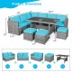 7-piece patio rattan dining furniture set with turquoise cushions, featuring corner chairs, table, and ottomans for.