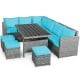 Sectional patio rattan sofa set with turquoise cushions, includes table and ottomans for outdoor dining and relaxation.