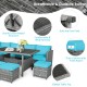 7-piece patio rattan dining set featuring turquoise cushions, sturdy structure, and slatted table top for outdoor.