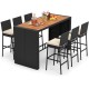 7-piece patio rattan bar set featuring an acacia wood tabletop and soft seat cushions, ideal for outdoor gatherings.