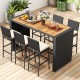7-piece patio rattan bar set featuring an acacia wood tabletop and soft cushions, perfect for outdoor gatherings.