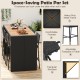 Patio rattan bar set featuring a sturdy metal frame, acacia wood tabletop, and comfortable seat cushions for outdoor use.