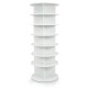 Freestanding 7-tier rotating shoe rack in white with ample storage for up to 28 pairs, ideal for compact spaces.