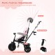 Adjustable pink baby stroller tricycle with canopy, foldable footrests, and parent handle for ages 9-60 months.