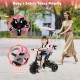 Adjustable pink baby stroller tricycle with 5-point safety harness and detachable guardrail for ages 9-60 months.