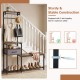 7-in-1 hall tree with shoe bench in rustic brown features hooks, a removable drawer, and anti-toppling kits for safety.