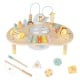 Close-up of the colorful shape sorter and fishing game on the 7-in-1 Montessori toddler activity table for sensory play.
