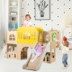 Colorful 7-in-1 toddler slide set with climber, basketball hoop, and castle design for indoor and outdoor fun.
