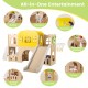 7-in-1 toddler slide set with climbing features, basketball hoop, and peekaboo windows for indoor and outdoor fun.