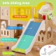 Multicolor toddler slide set featuring a safety buffer zone, raised handrails, and a castle-shaped design for fun play.