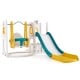 Toddler swing and slide set in yellow and teal with climbing features, basketball hoop, and safety handrails for.