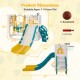 L-shaped 7-in-1 toddler swing and slide set in yellow with ladder, basketball hoop, and safe non-slip surfaces.