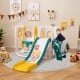 L-shaped 7-in-1 toddler swing and slide set in yellow with slide, ladder, and basketball hoop for safe play.