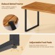 Close-up of the acacia wood dining table's robust metal frame and adjustable foot pads for stability on uneven floors.
