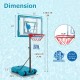 Adjustable pool basketball hoop dimensions with a fillable base for stability, suitable for all ages and easy movement.