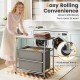 3-section laundry sorter with foldable ironing board, gray oxford baskets, and lockable wheels for easy mobility.