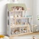 Wooden dollhouse with green roof, 33 furniture accessories, movable stairs, and safe design for kids' imaginative play.