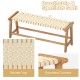 Teak wood patio bench with a woven seat, 47 inches long, featuring rounded corners for added comfort and style.