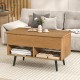 Lift-top coffee table in natural finish with hidden storage and two open shelves for versatile use in modern decor.