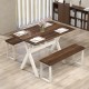 Modern wooden dining table with X-shaped white frame, spacious surface, and elegant wood grain, perfect for dining.
