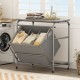 3-section laundry sorter with foldable ironing board, gray fabric baskets, and lockable wheels for easy sorting and.