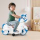 Unicorn ride-on toy with training wheels, featuring a spacious seat and music function for kids' entertainment.