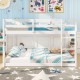 Low-to-ground white full over full bunk bed with safety guardrails and integrated ladder, ideal for kids' rooms.
