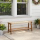 Teak wood patio bench with weave seat, 47 inches long, perfect for outdoor spaces like yards and porches.