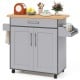 Rolling kitchen island cart in gray with a spacious countertop, drawer, cabinet, and spice rack for organized storage.