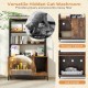 57-inch cat litter box enclosure in coffee color with storage, removable scratcher, and ventilation holes for privacy.