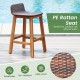 Acacia wood bar stool with PE rattan seat, featuring a backrest and footrest, perfect for outdoor porch use.